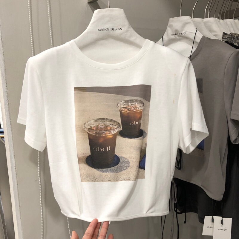 Short Printed Shoulder-Padded Short-Sleeved T-Shirt for Women 2026 Summer New Design Back Tie Casual Top Mg26025