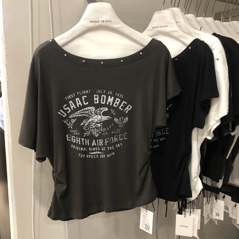 Rivet Design Printed Short-Sleeved T-Shirt for Women 2026 Summer New Korean Style Loose Casual Slant-Neck Top Mg26036
