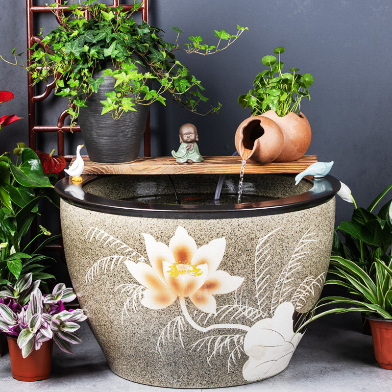 特大荷花缸 • 金魚缸 景德鎮陶瓷錦鯉金魚缸大號庭院門海仿古造景流水荷花缸老式大水缸-淘寶