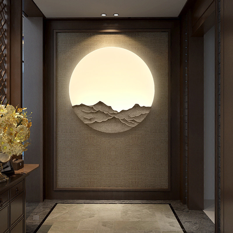 New Chinese living room wall lamp Bedroom headboard Background wall Decorative Stairs Hallway Wall Lamp Zen round landscape Lamp-Taobao