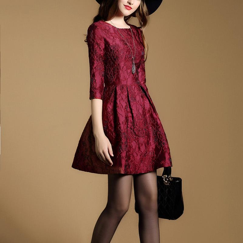 Foreign Trade Three-Quarter Sleeves Festive Waist Slimming Look New Dress A-Line Skirt Elegant Lady Red Crotch-Covering Tutu Skirt