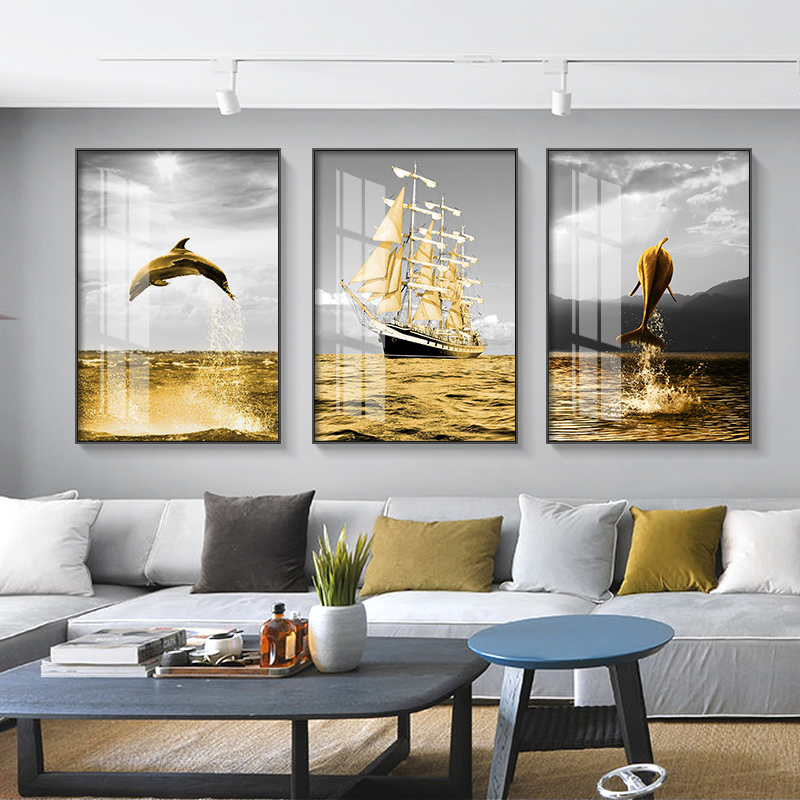 Modern minimalist living room decoration painting yellow light luxury smooth sailing atmosphere sofa background wall triple aisle wall painting