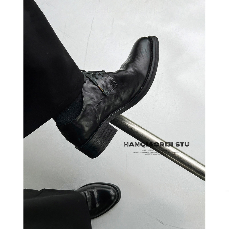 Hanqiao Diary [Future Series] Niche, Sophisticated, High-End First-Layer Wrinkled Cowhide Height-Increasing Pointed-Toe Derby Leather Shoes