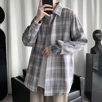 Plaid shirt mens long sleeve Hong Kong wind Spring New loose Harajuku bf casual shirt Korean trend ins Wild