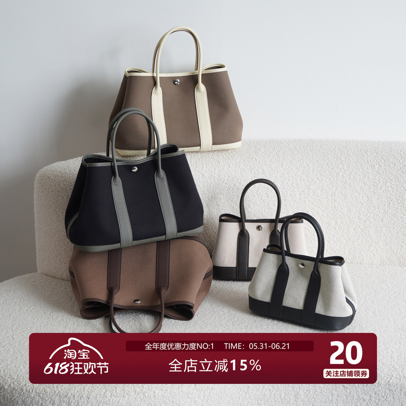 Junini Journeyy Imported Cowhide Leather and Canvas Waxed Thread Hand-Stitched Mini Garden Bag Tote Bag for Women Junini Journeyy Imported Cowhide Leather and Canvas Waxed Thread Hand-Stitched Mini Garden Bag Tote Bag for Women