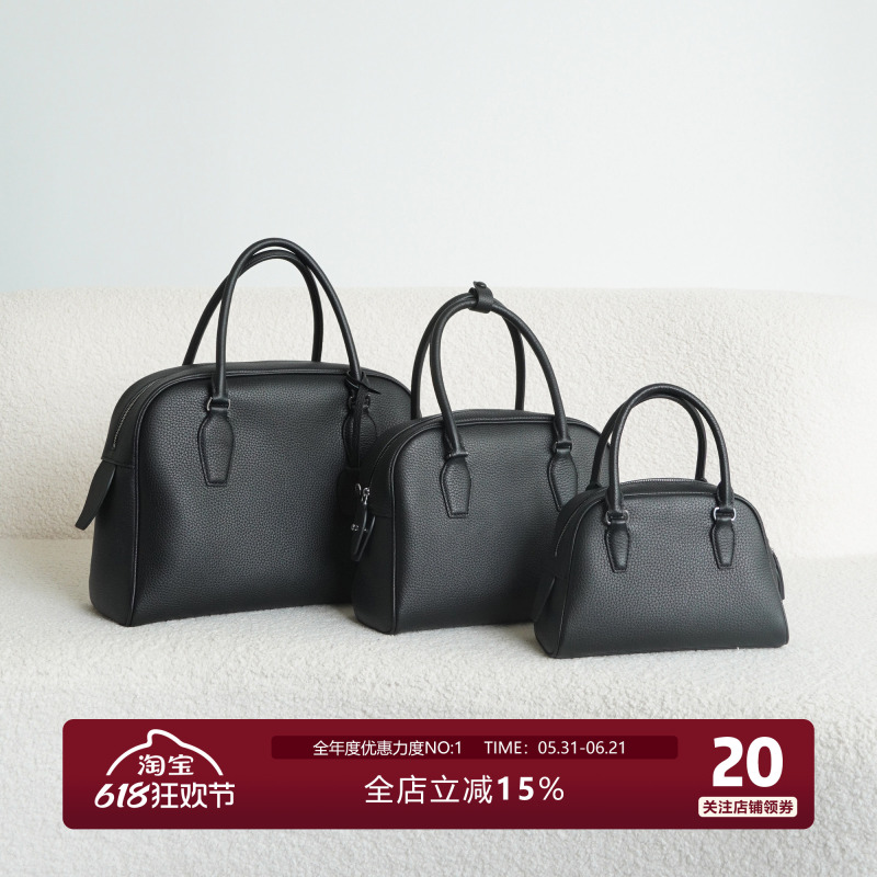 Junini Journeyy First-Layer Cowhide Leather Bowling Bag, Large-Capacity Commuter Tote Boston Bag for Women Junini Journeyy First-Layer Cowhide Leather Bowling Bag, Large-Capacity Commuter Tote Boston Bag for Women