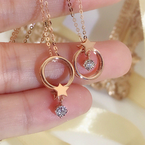 18K gold natural real diamond star round pendant necklace lock bone chain woman one pair of two wear rose gold AU750