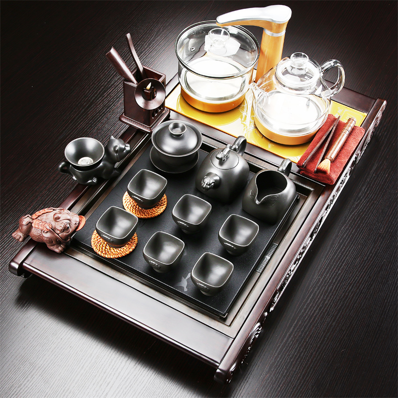 Tea set suits for domestic violet arenaceous kung fu Tea set of a complete set of contracted automatic ebony wood sharply stone Tea tray of Tea table