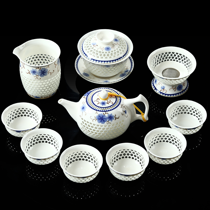 Friend is hollow out blue sea teacups hand - made ceramic teapot tea custom and exquisite tea sets of a complete set of kung fu