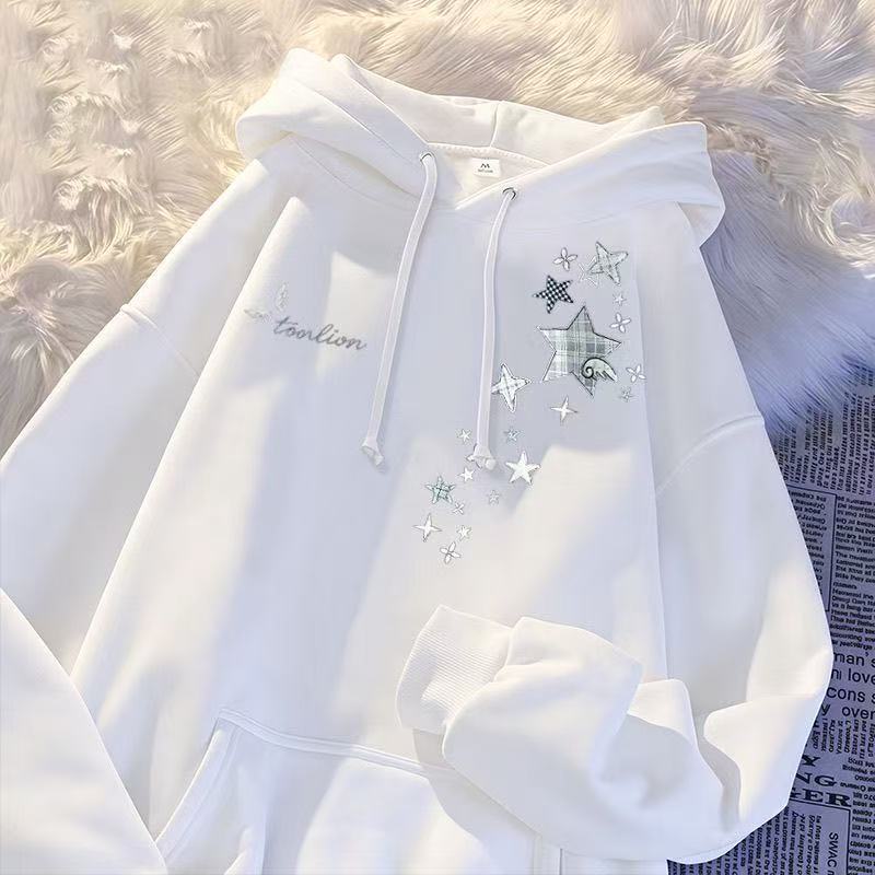 Middle School Students' Plaid Star Print Hooded Sweatshirt, Loose Style, Hooded Pullover, Basic Simple Casual Long-Sleeved Top