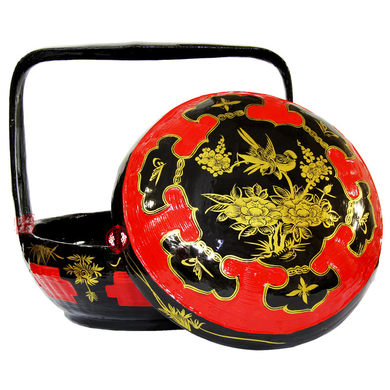 Yongchun lacquer basket hand-painted hand-painted flower and bird picture large lacquer bamboo weaving wedding burning incense basket bye bye basket folk lacquer art