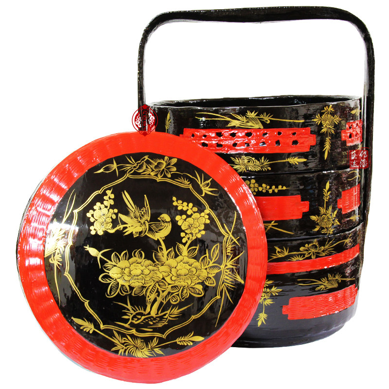 Yongchun lacquer basket lacquer craft hand-painted flower and bird picture large lacquer bamboo weaving wedding jewelry basket burning incense basket bye bye basket