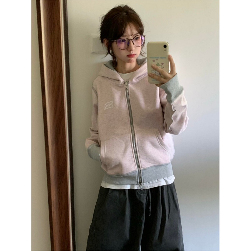 Korean Niche Instagram-Style Sweet Gray-Pink Reversible Hooded Sweatshirt Slim-Fit Basic Versatile Zip-Up Cardigan Jacket for Women