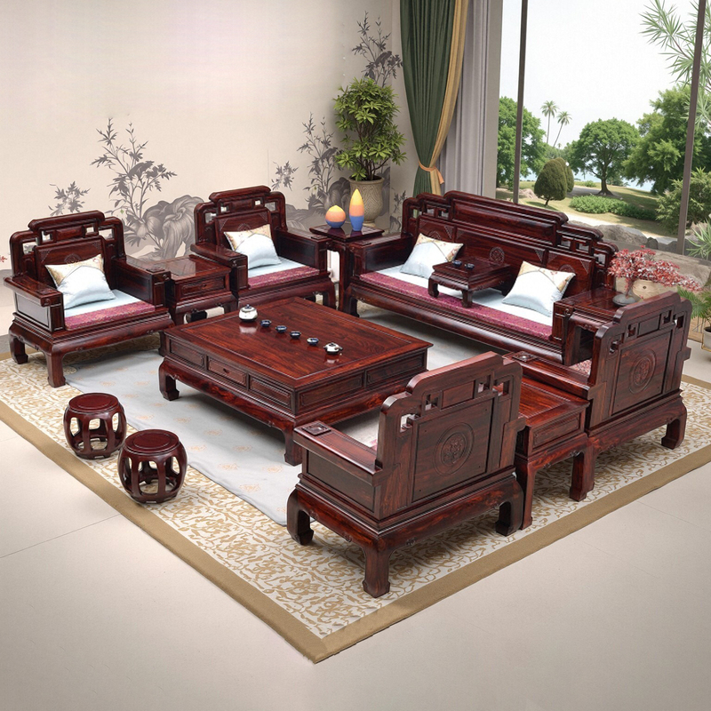 Mahogany Sofa Set with a Simple Design, Made of African Rosewood and Indonesian Black Rosewood, Featuring a Rich and Fragrant Color
