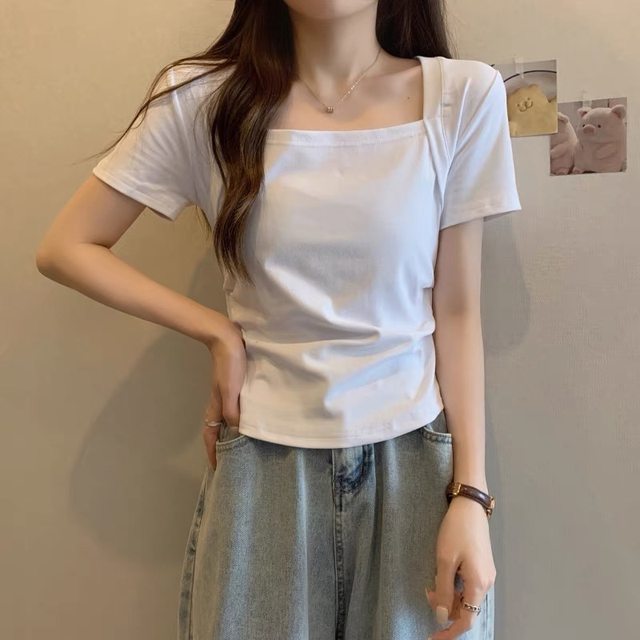 2024 Spring and Summer Square Neck Right Shoulder Short Sleeve T-Shirt Women's Large Fat mm Chic Temperament Small Shirt Slimming Casual Pants suit