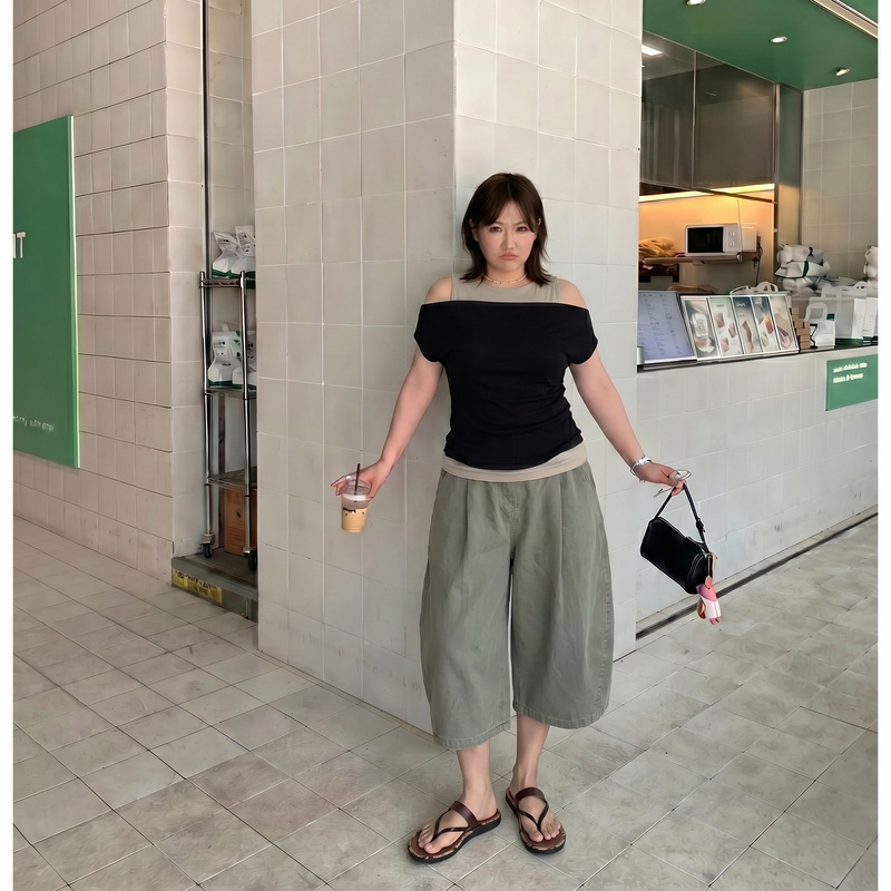Q-Style Plus-Size Women's Clothing for Slightly Chubby Women, Tencel Real Two-Piece Set, Stunning and Beautiful, Off-Shoulder T-Shirt, Slimming and Tummy-Covering Top
