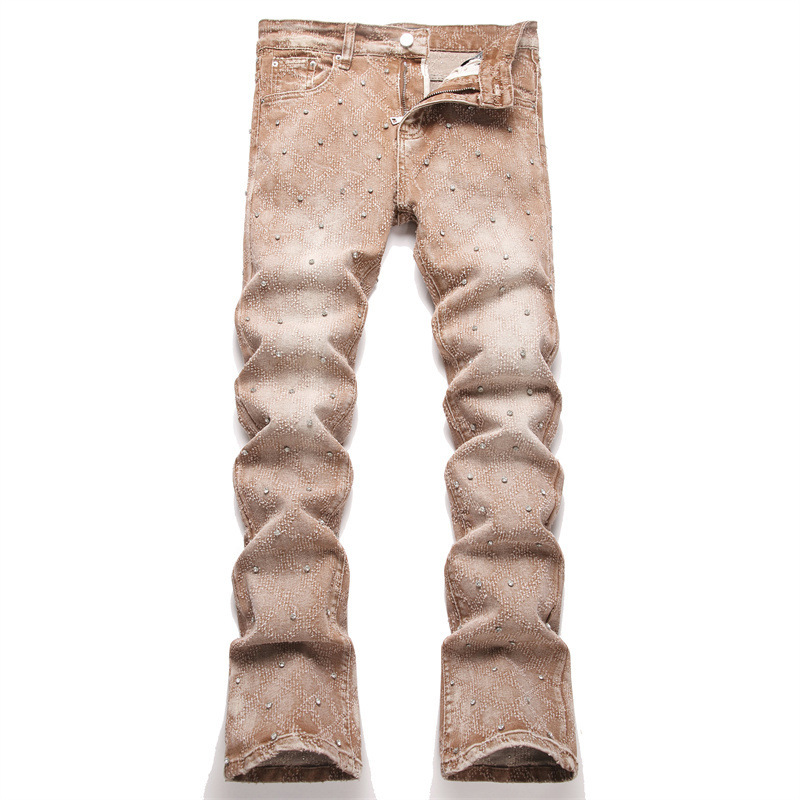 Men Punk Slim Flared Jeans Men's Coffee-Colored Punk Beaded Micro-Flared Jeans