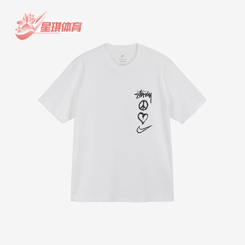 Nike/Nike Genuine Stussy Men's and Women's Printed Simple Round Neck Drop Shoulder Breathable Short-Sleeved Shirt Dm4943-121