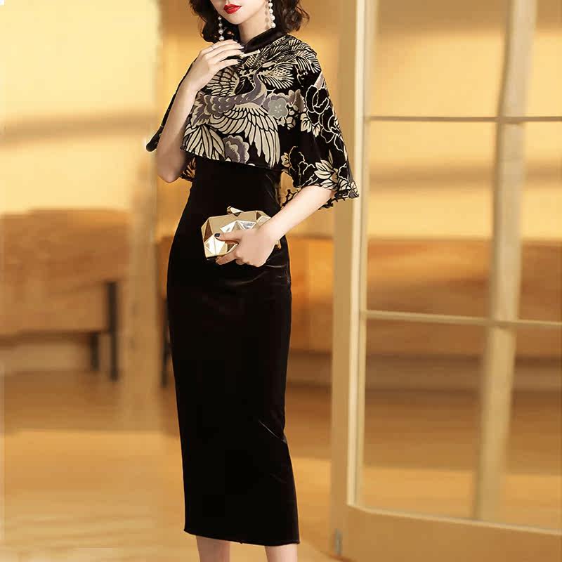 Qipao Woman Long Version Temperament China Wind Autumn Clothing 2022 New Gold Velvet Flower Cloak Cape Shawl Shoulder Broadside Dress