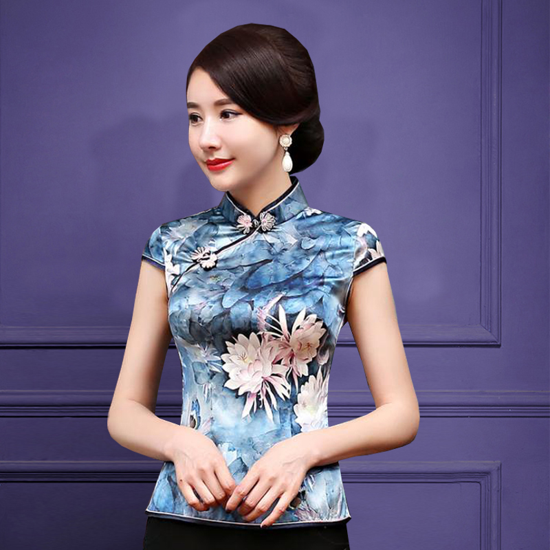 Mulberry Silk Retro China Wind Disc Buckle Genuine Silk Improved Tang Dress Women's Summer Short Sleeve Short-Style Qipao Blouse 2019 new