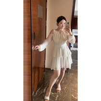 DM100 big code percentiles womens clothing slightly fat 2024 new sexy open-shoulder lotus leaf side snow spinning method one-piece dress