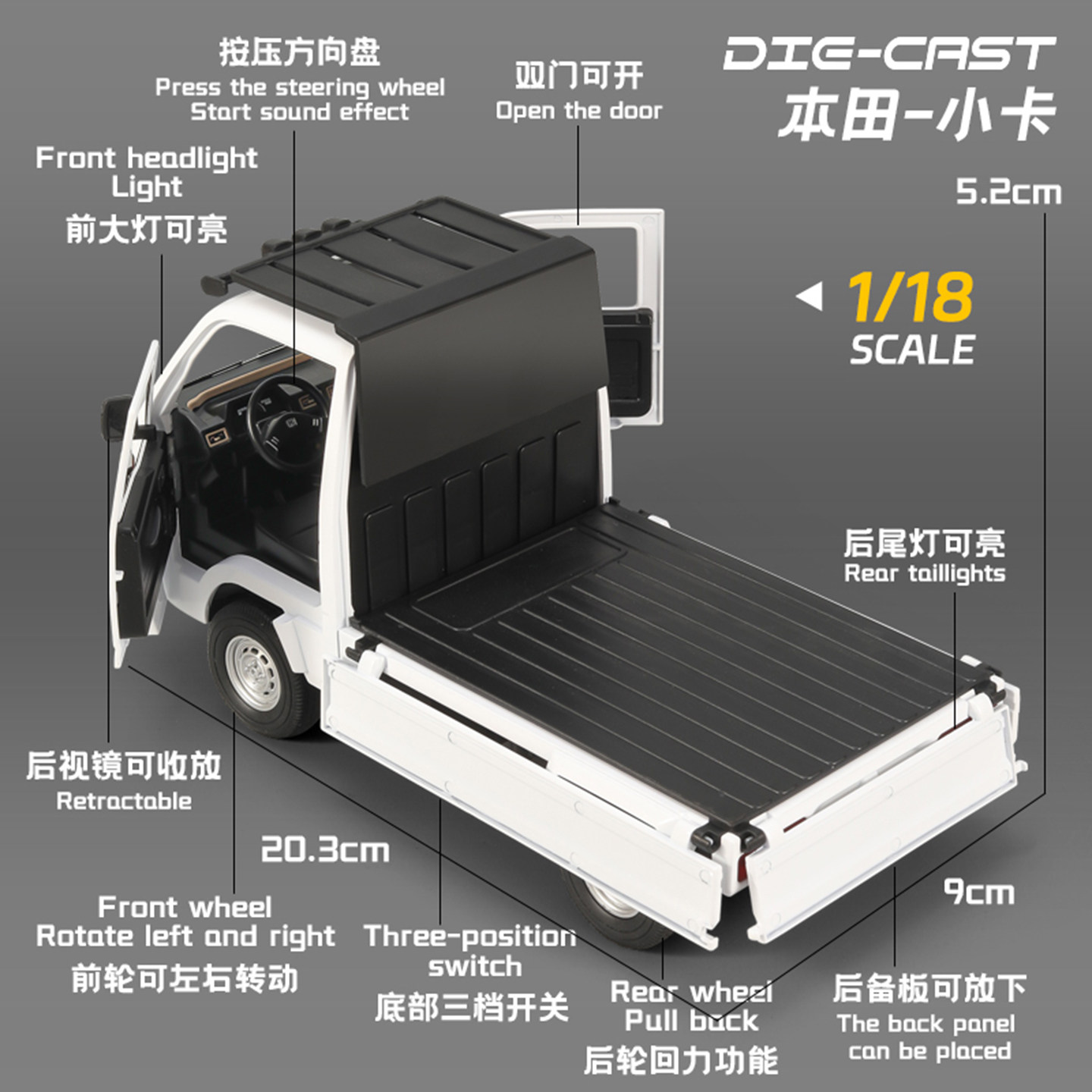 New Honda Pickup Truck Alloy Car Model, Realistic Car Decoration with Front Wheel Steering Linkage, Toy Car Gift for Boys