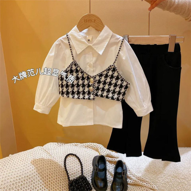 Net red sweet children's clothing 2022 spring baby girl small fresh plaid suspender vest + solid color shirt two-piece set