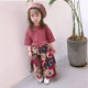 2022 summer girls Korean version new baby loose solid color mid-sleeved T-shirt + fashionable flower wide-leg mid-pants suit