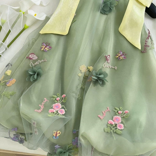 Лето 2025, новинка, сетчатое платье на бретельках для девочек с бантом, милое сетчатое платье в западном стиле для маленьких девочек