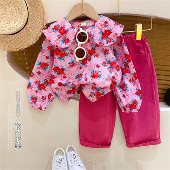 Girls' shirt spring and autumn suit 2023 new doll collar foreign style long-sleeved top children's shirt + wide-leg pants