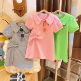 Платье-футболка для принцессы, летняя одежда для отдыха, юбка, воротник поло, в западном стиле, на шнурках, короткий рукав, с вышивкой