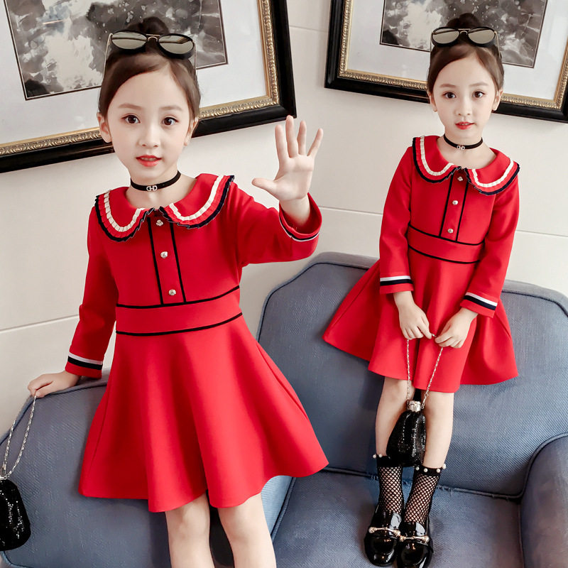 Girls' long-sleeved dress 2022 autumn new girl's waist princess skirt Korean version girl baby bottoming red skirt