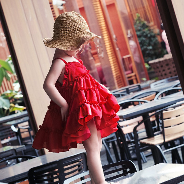 Girls dress summer dress 2022 new little girl chiffon beach princess suspender skirt girl baby red skirt