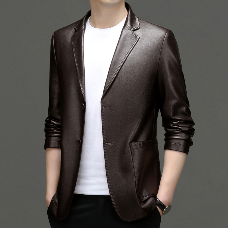 Spring and Autumn Haining Genuine Leather Jacket for Men, Cowhide Leather Suit, Casual Leather Suit, Business Slim Fit, Stylish Young Men's Coat