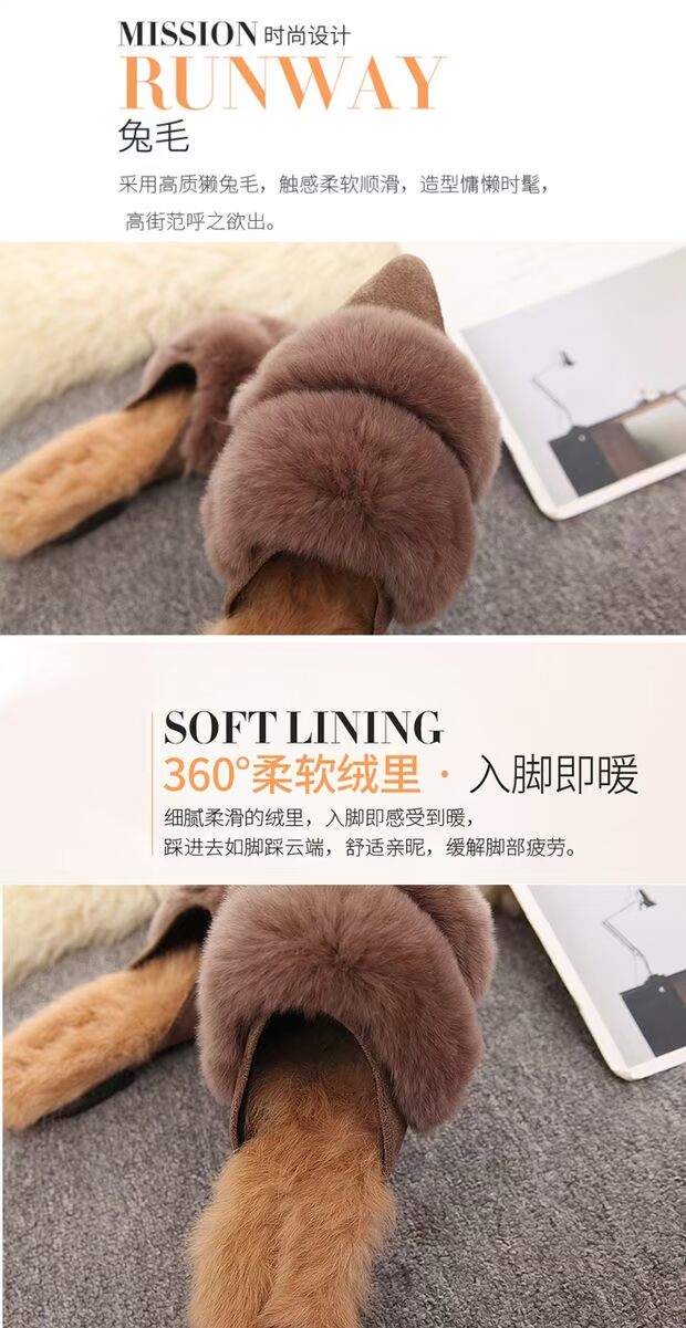 Châu Âu và Hoa Kỳ mùa thu và mùa đông lông thỏ chỉ ra bên ngoài mang baotou gót thấp dày với một nửa dép nữ bằng phẳng giày Muller lông thời trang dép xăng đan nữ