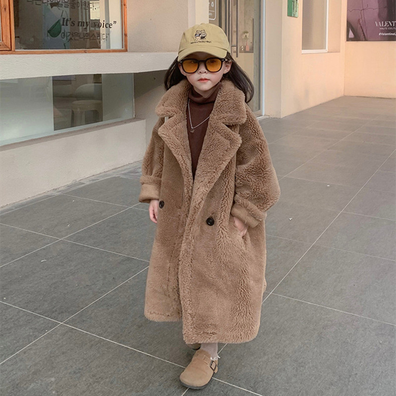 Children's Fur Teddy Winter Coat for Boys and Girls, Lamb Wool Coat, Thickened, Windproof, Lapel, Warm, Oversized Long Coat