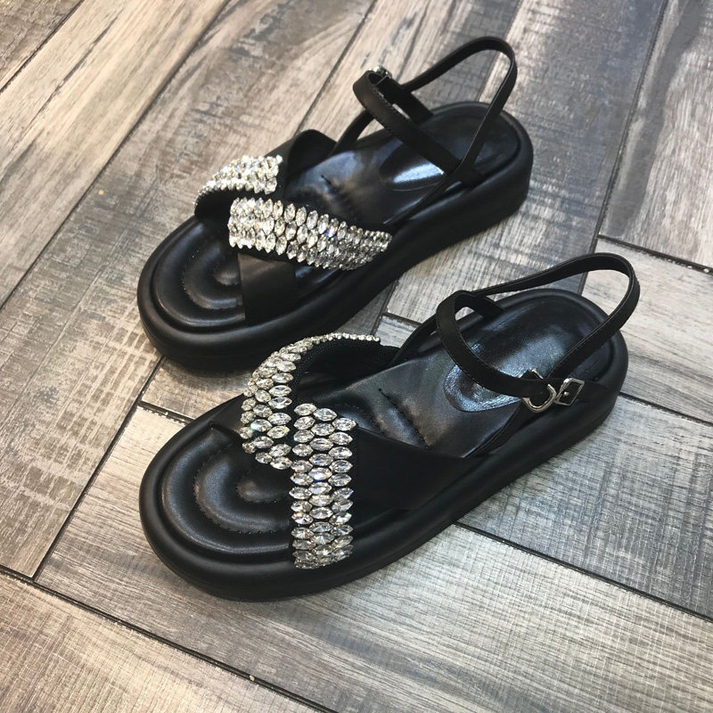 2022 European station summer new cross rhinestones open toe muffin bottom one word buckle fashion thick bottom sandals women's tide