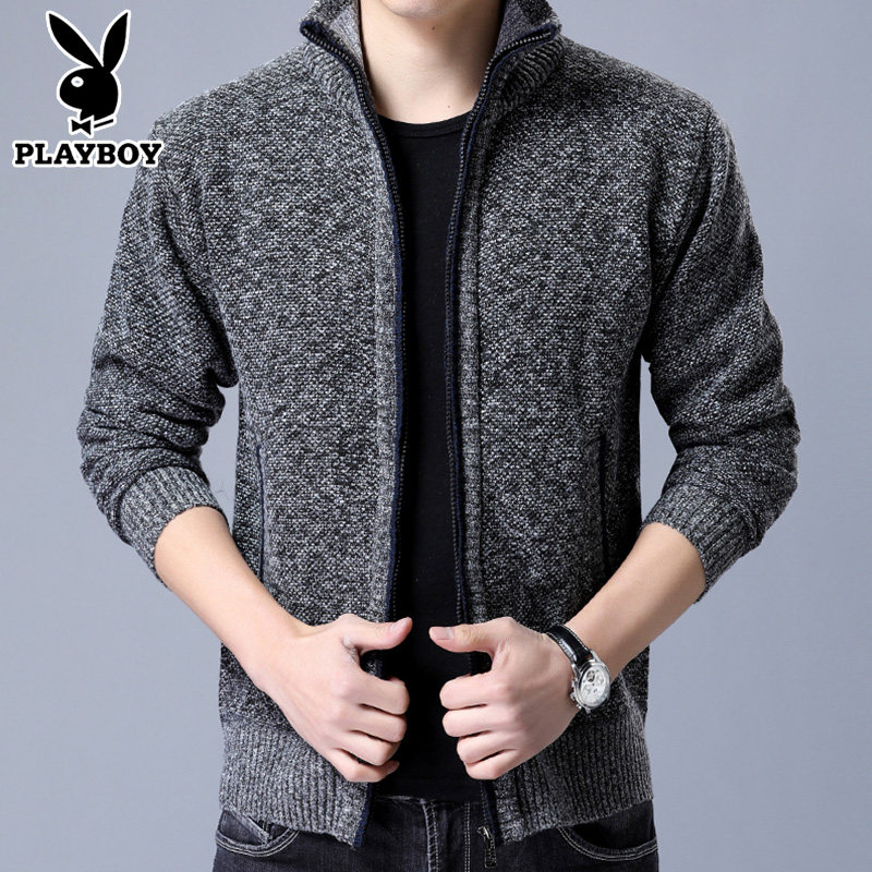 Playboy stand-up collar sweatshirt men's spring and autumn sweater men's Korean knitted cardigan jacket plus velvet thick men's clothing