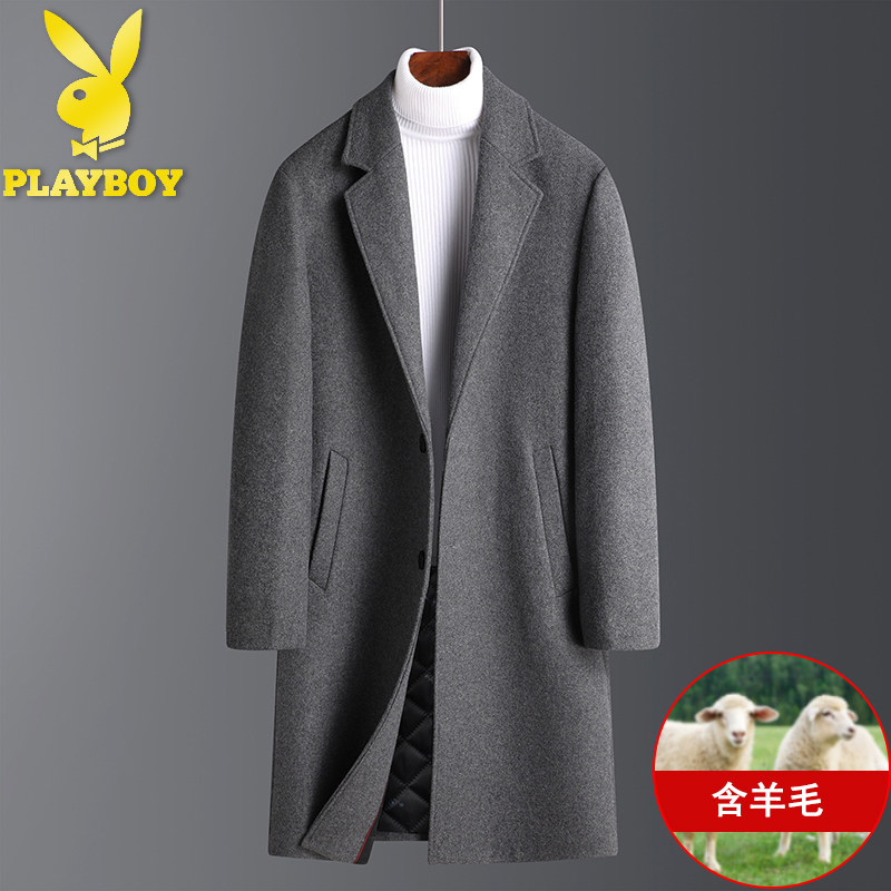 Playboy windbreaker men's autumn and winter mid-length woolen coat Korean style slim wool woolen men's coat fashion
