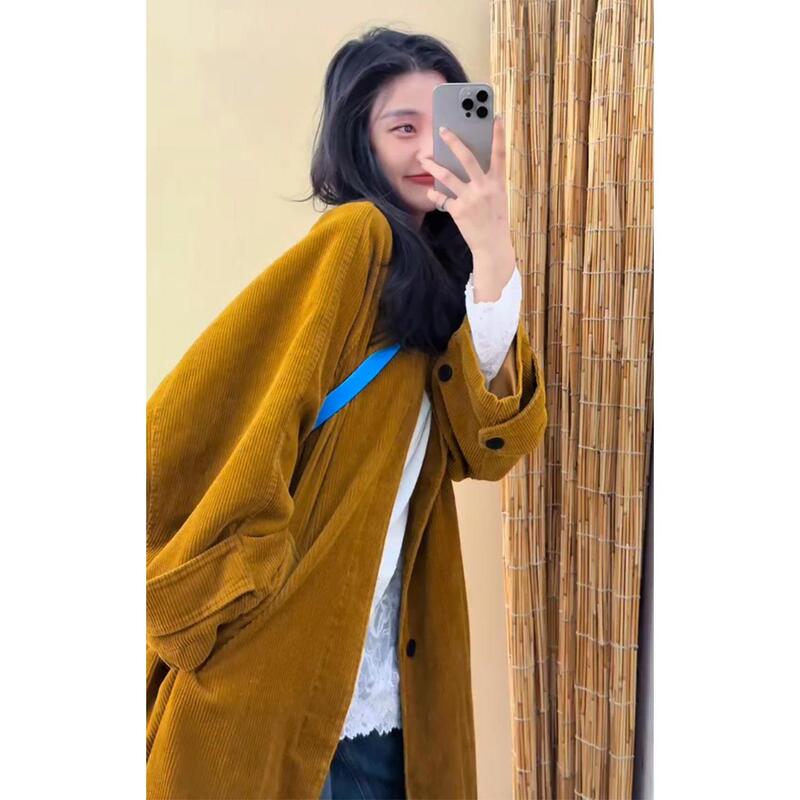 New Style Elegant Casual Trench Coat with British Style and Vintage Corduroy Long Coat for Women, Autumn and Winter 2026