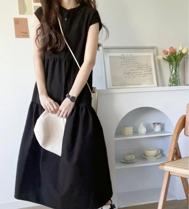 Cross-Border Korean and Japanese Style Cotton and Linen Shirt Dress, Short-Sleeved, Sweet, Age-Reducing, Slimming, Loose, Casual Long Dress, Little Black Dress