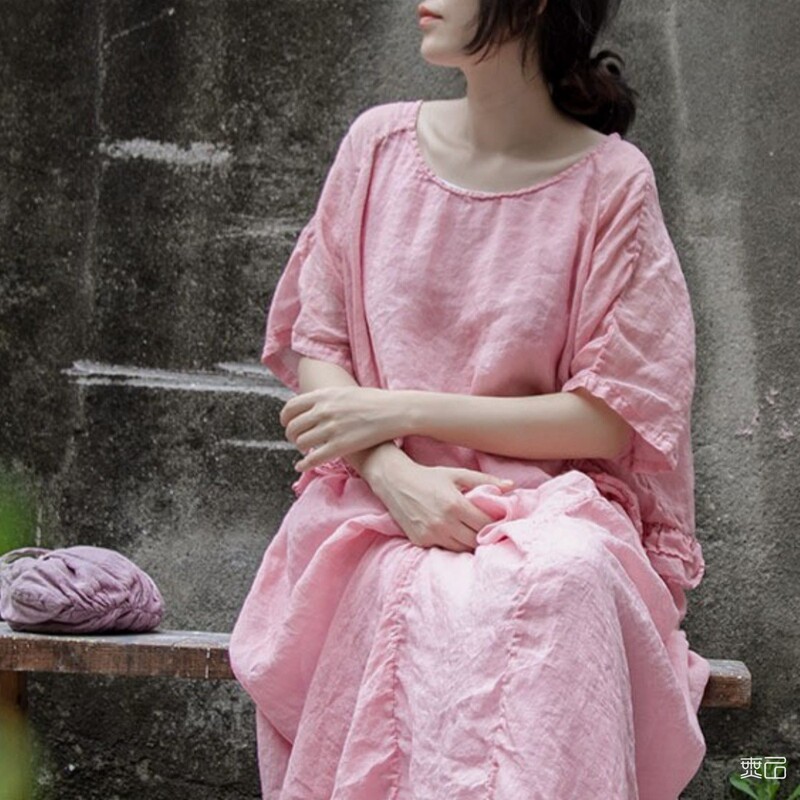 Flowing Ramie Long Dress Yn Women's Clothing 24 Summer New Style Forest Style Retro Literary Loose Robe Mid-Sleeve Dress Flowing Ramie Long Dress Yn Women's Clothing 24 Summer New Style Forest Style Retro Literary Loose Robe Mid-Sleeve Dress