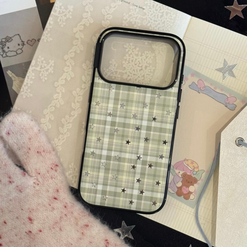 Camera Key Cover with Personalized Plaid Stars Suitable for Apple 17 Pro Max Phone Case iPhone 16/15 Pro/13 Anti-Drop Black Frame Acrylic Transparent Protective Case Cute Matte for iPhone 12
