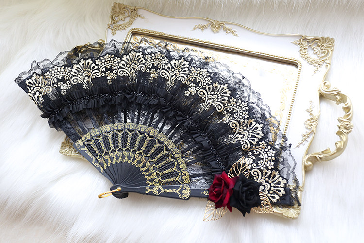 Black lace Lolita kills Gothic wind lolita fan Rose rain fan black gold