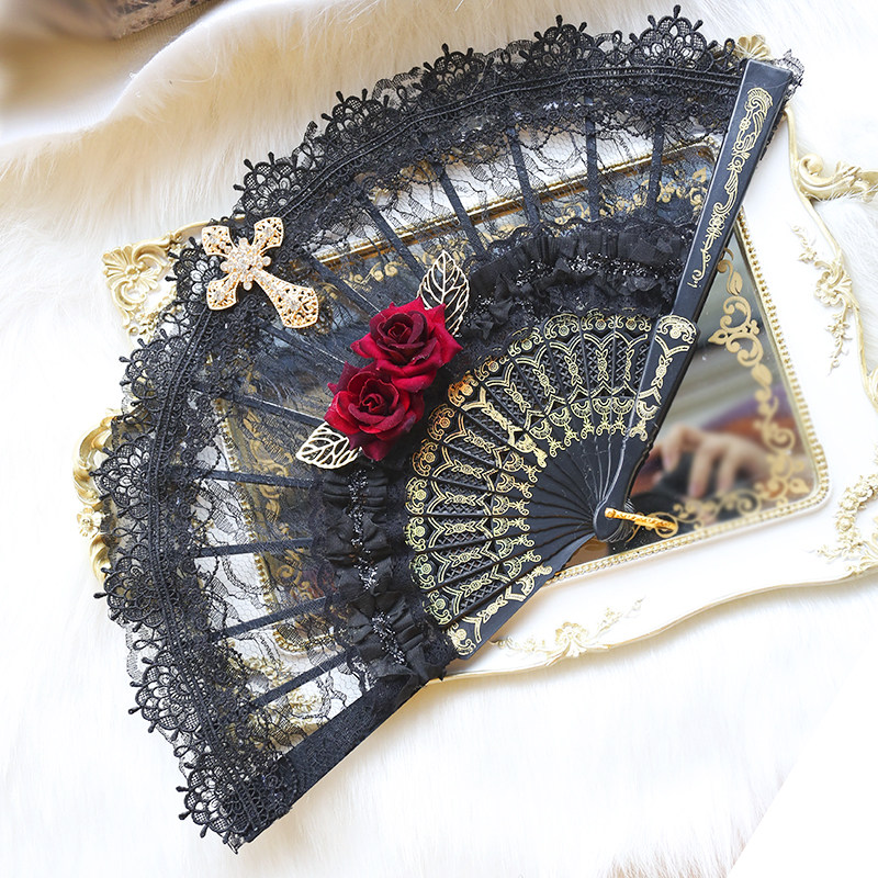 Gothic Wind Black Gold Cross Rose Lolita Photo props Prop Folding Fan-Dancing Fan Foreign Dress