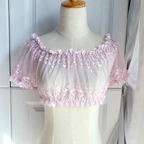 Short sleeve lace tops cherry blossom temperament transparent dream blossom embroidery pink purple day bubble sleeve