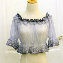 Lolita dress in summer embroidery embroidery lobes with a blue lace shirt in a word shoulder-sleeved blue lace