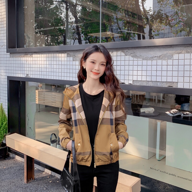 Bushbury High-End Plaid Women's Thin Hooded Jacket, Celebrity Style, Biabetty Official Store Authentic Product