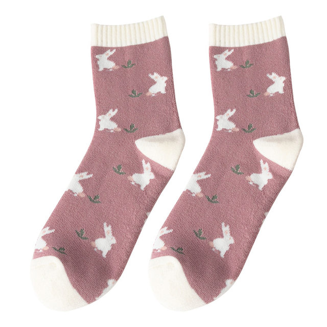 Socks winter women's mid-tube new thickened and warm Japanese pink plaid sweet bunny college styles socks girls's socks