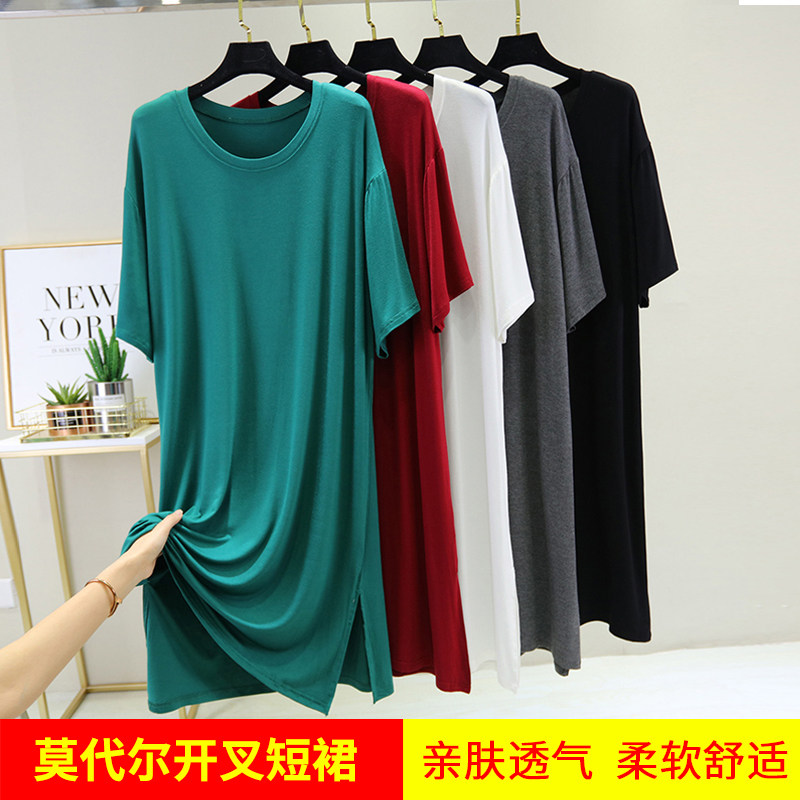 2022 summer models Modale Ocean dress Women in large size Sleeping Skirt Short Sleeve Open Fork Long Dress Slim Fit Thin Underskirt